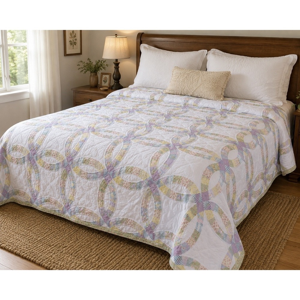Pillowtex Wedding Ring Down Comforter Double/Full White Pastel Cotton Excellent